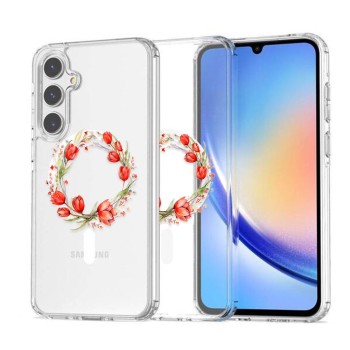Husa pentru Samsung Galaxy A56 5G, Atasare Magnetica, MagSafe, Pink Wreath 15, Clear