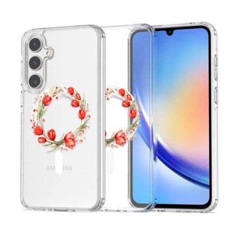 Husa pentru Samsung Galaxy A56 5G, Atasare Magnetica, MagSafe, Pink Wreath 15, Clear