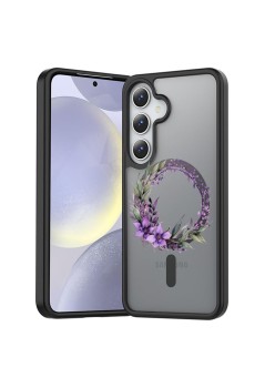 Husă Antișoc MagSafe pentru Samsung Galaxy S25, Spate Mat Anti-Amprentă, Floral Pink Wreath 10, Negru