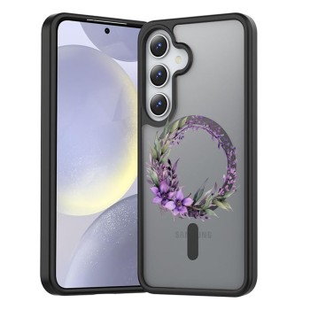 Husă Antișoc MagSafe pentru Samsung Galaxy S25, Spate Mat Anti-Amprentă, Floral Pink Wreath 10, Negru