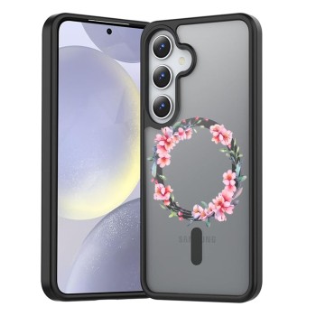 Husă Antișoc MagSafe pentru Samsung Galaxy S25, Spate Mat Anti-Amprentă, Floral Pink Wreath 3, Negru