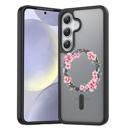 Husă Antișoc MagSafe pentru Samsung Galaxy S25, Spate Mat Anti-Amprentă, Floral Pink Wreath 3, Negru