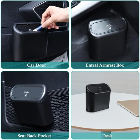 Cos de gunoi auto, compact, cu prindere pe usa sau scaun, capac clic, 17 x 9 x 9 cm, Negru