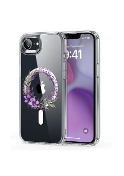 Husa pentru iPhone 16e, Atasare Magnetica, MagSafe, Pink Wreath 10, Clear