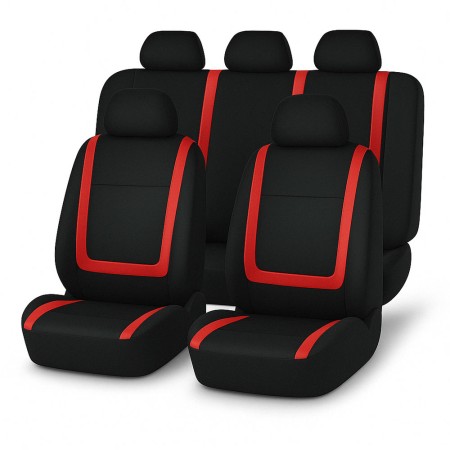 Set huse scaune auto universale, 9 piese, model Red Line, rosu, compatibile cu airbag, material poliester + burete 2mm