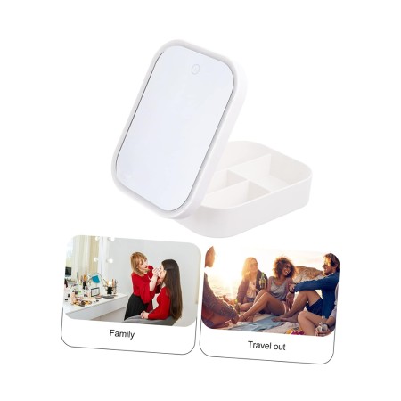 Portfard Cosmetice cu Oglindă LED, 3 Modele de Lumină, Încărcare USB, Baterie 1200 mAh, Compartimentat, Imitație Piele, Alb, 16.5x11.5x6 cm
