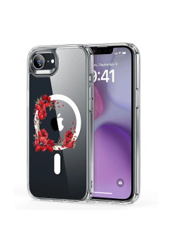 Husa pentru iPhone 16e, Atasare Magnetica, MagSafe, Pink Wreath 4, Clear