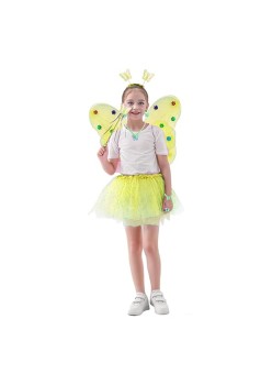 Costum Fluturas Fairy Dress cu Aripi Modelabile Luminoase pentru Copii, Fusta din Tul cu Lumini, 4 piese, Bumbac/Poliester, Galben