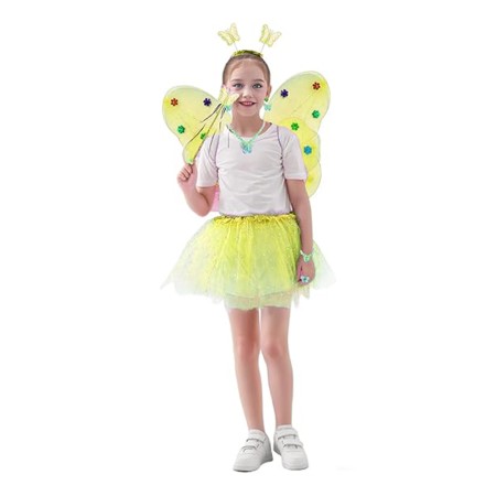 Costum Fluturas Fairy Dress cu Aripi Modelabile Luminoase pentru Copii, Fusta din Tul cu Lumini, 4 piese, Bumbac/Poliester, Galben