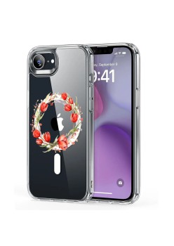 Husa pentru iPhone 16e, Atasare Magnetica, MagSafe, Pink Wreath 15, Clear