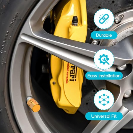 Set 4 capace ventil auto universale, model Hexagon, aluminiu, galben, compatibile masina, bicicleta, motocicleta