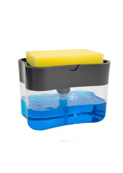 Dozator 2în1 pentru Detergent și Obiecte Sanitare, cu Suport pentru Burete, Capacitate 380ML, Design Compact și Modern, 14 x 10.5 x 10 cm, Gri
