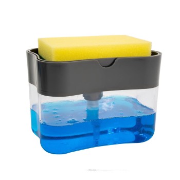 Dozator 2în1 pentru Detergent și Obiecte Sanitare, cu Suport pentru Burete, Capacitate 380ML, Design Compact și Modern, 14 x 10.5 x 10 cm, Gri