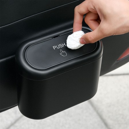 Cos de gunoi auto, compact, cu prindere pe usa sau scaun, capac clic, 17 x 9 x 9 cm, Negru