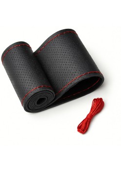 Husa volan din piele ecologica perforata, diametru 37-39 cm, cu ac si ata, Rosu