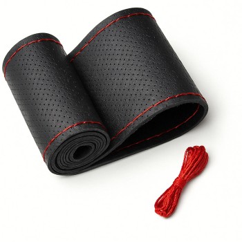 Husa volan din piele ecologica perforata, diametru 37-39 cm, cu ac si ata, Rosu