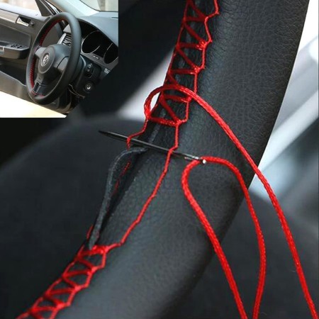 Husa volan din piele ecologica ne-perforata, diametru 37-39 cm, cu ac si ata Rosie