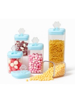 Cutii depozitare alimente cu capac albastru, set 5 recipiente plastic 0.5L-1.9L, pentru cereale, paste si ingrediente uscate