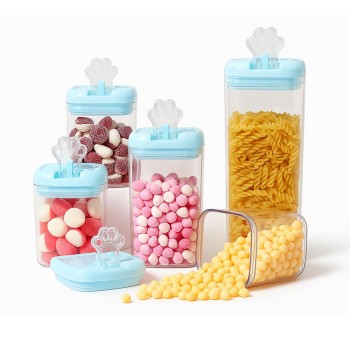 Cutii depozitare alimente cu capac albastru, set 5 recipiente plastic 0.5L-1.9L, pentru cereale, paste si ingrediente uscate