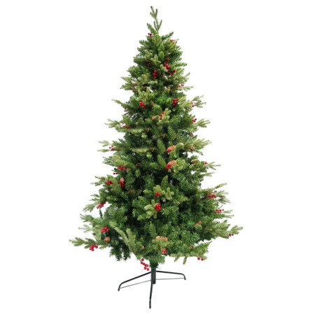 Brad artificial decorat cu conuri pin rosii de Craciun bogat, inaltime 1.8 m, 774 ramuri, suport metalic inclus, Verde