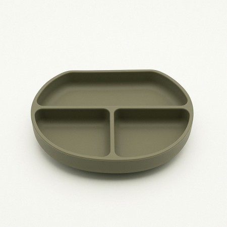 Accesorii diversificare bebelusi 8 piese din silicon, farfurie si bol cu ventuza, baveta, tacamuri lemn-silicon, cana gustari, verde inchis, fara BPA