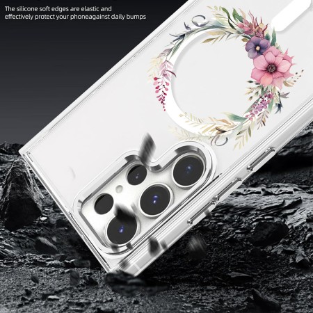 Husa pentru Samsung Galaxy S24 Ultra, Atasare Magnetica, MagSafe, Pink Wreath 20, Clear