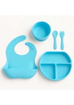 Accesorii diversificare bebelusi 5 piese din silicon, farfurie si bol cu ventuza, baveta, tacamuri, fara BPA, albastru