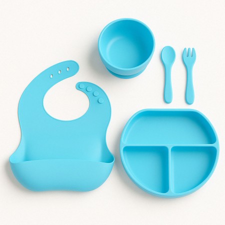 Accesorii diversificare bebelusi 5 piese din silicon, farfurie si bol cu ventuza, baveta, tacamuri, fara BPA, albastru