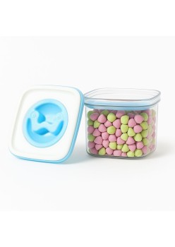 Recipient Depozitare Alimente 0.6L din Plastic Transparent, Capac Albastru-Alb, Cutie Tip Container pentru Cereale si Gustari, 11.5x8 cm