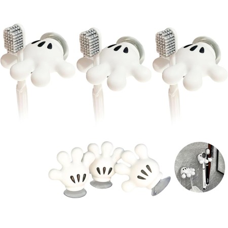 Suport Periuta de Dinti cu Ventuza, Design Mana, Set 3 Bucati, Alb, 7x6.5 cm