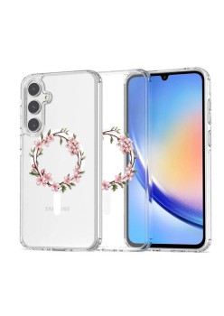 Husa pentru Samsung Galaxy A56 5G, Atasare Magnetica, MagSafe, Pink Wreath 13, Clear