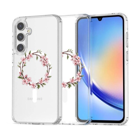 Husa pentru Samsung Galaxy A56 5G, Atasare Magnetica, MagSafe, Pink Wreath 13, Clear