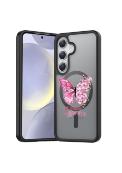 Husă MagSafe Antișoc pentru Samsung Galaxy S25 – Design Butterfly Quote, Protecție 360°, Mesaj Be Strong, Negru Mat
