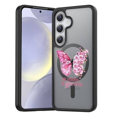 Husă MagSafe Antișoc pentru Samsung Galaxy S25 – Design Butterfly Quote, Protecție 360°, Mesaj Be Strong, Negru Mat