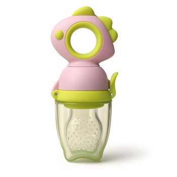 Suzeta fructe bebelusi din silicon alimentar, +4 luni, tetina 2 mm, capac protectie, 12.4x5.1x4.7 cm, roz/verde
