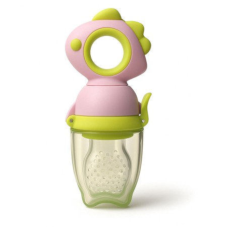 Suzeta fructe bebelusi din silicon alimentar, +4 luni, tetina 2 mm, capac protectie, 12.4x5.1x4.7 cm, roz/verde