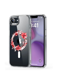 Husa pentru iPhone 16e, Atasare Magnetica, MagSafe, Pink Wreath 19, Clear