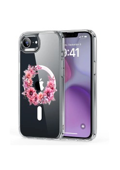 Husa pentru iPhone 16e, Atasare Magnetica, MagSafe, Pink Wreath 1, Clear