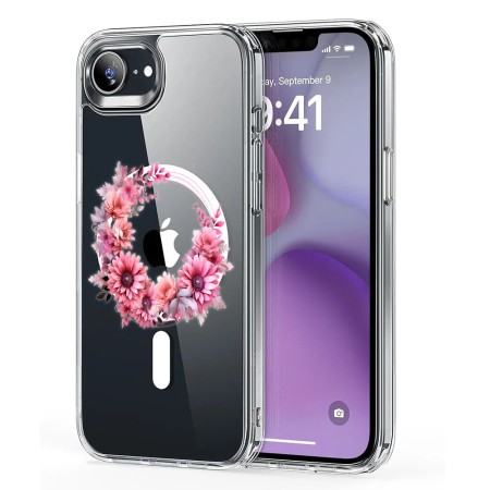 Husa pentru iPhone 16e, Atasare Magnetica, MagSafe, Pink Wreath 1, Clear