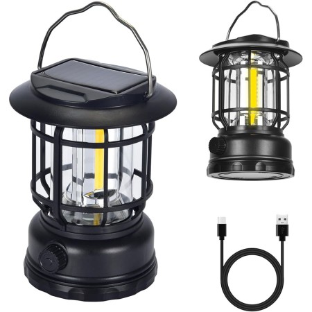 Lampa Camping Portabilă Retro, 30 COB LED, Intensitate Reglabilă, Încărcare Solară & USB, Acumulator Inclus, Negru, 5W