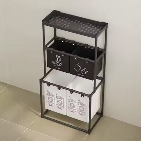 Dulap de Baie cu trei straturi si Cos pentru Rufe, 123x44x57 cm, Negru