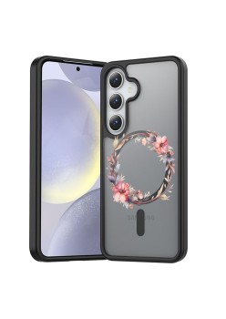 Husă Antișoc MagSafe pentru Samsung Galaxy S25, Spate Mat Anti-Amprentă, Floral Pink Wreath 8, Negru