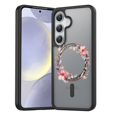 Husă Antișoc MagSafe pentru Samsung Galaxy S25, Spate Mat Anti-Amprentă, Floral Pink Wreath 8, Negru