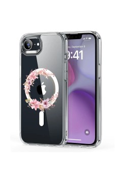Husa pentru iPhone 16e, Atasare Magnetica, MagSafe, Pink Wreath 2, Clear