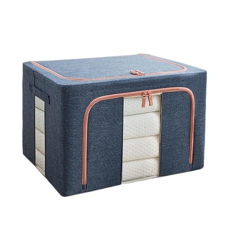 Cutie de Depozitare Pliabilă, 66L, Material Textil, Cadru Metalic, Fermoar Dublu, Fereastră Frontală și Laterală, 50x40x33 cm, Albastru Marin