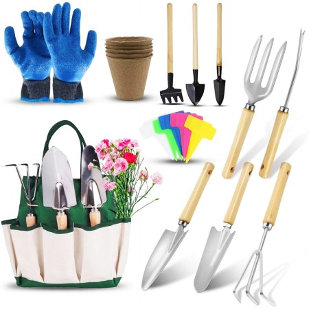 Set Complet 26 Piese Grădinărit și Întreținere Flori – Unelte Mici, Etichete, Ghivece, Mănuși, Husă Depozitare