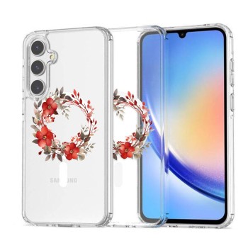 Husa pentru Samsung Galaxy A56 5G, Atasare Magnetica, MagSafe, Pink Wreath 18, Clear