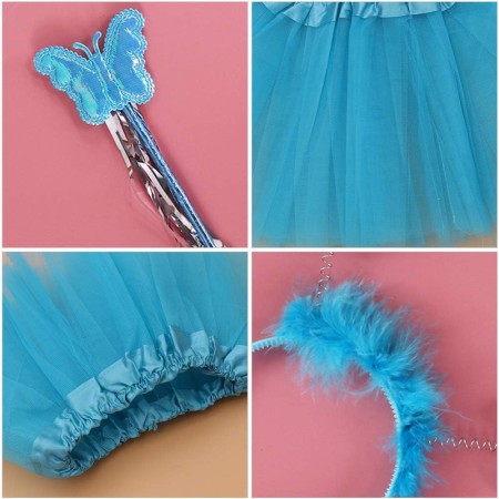 Costum Fluturas Fairy Dress cu Aripi Modelabile Luminoase pentru Copii, Fusta din Tul cu Lumini, 4 piese, Bumbac/Poliester, Albastru