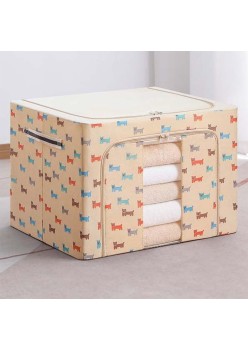Cutie Depozitare Pliabilă, 66L, Pânză Oxford, 50x40x33 cm, Fereastră Transparentă, 2 Uși Fermoar, Cadru Metalic, Imprimeu Cățeluș, Bej