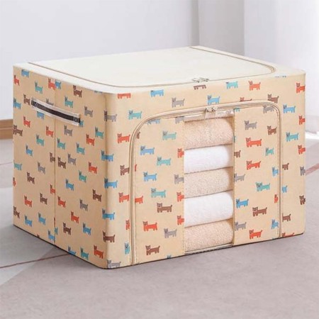 Cutie Depozitare Pliabilă, 66L, Pânză Oxford, 50x40x33 cm, Fereastră Transparentă, 2 Uși Fermoar, Cadru Metalic, Imprimeu Cățeluș, Bej